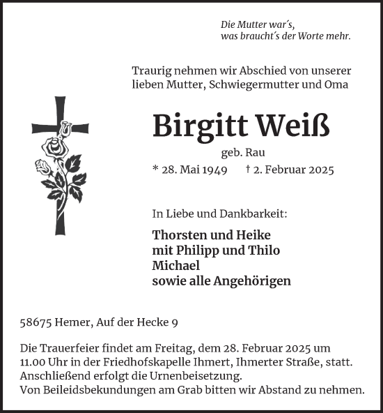 Traueranzeige von Birgitt Weiß von Tageszeitung