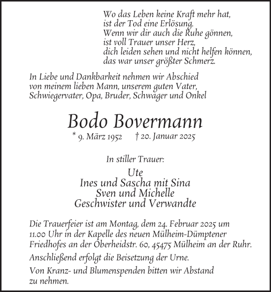 Traueranzeige von Bodo Bovermann von Tageszeitung