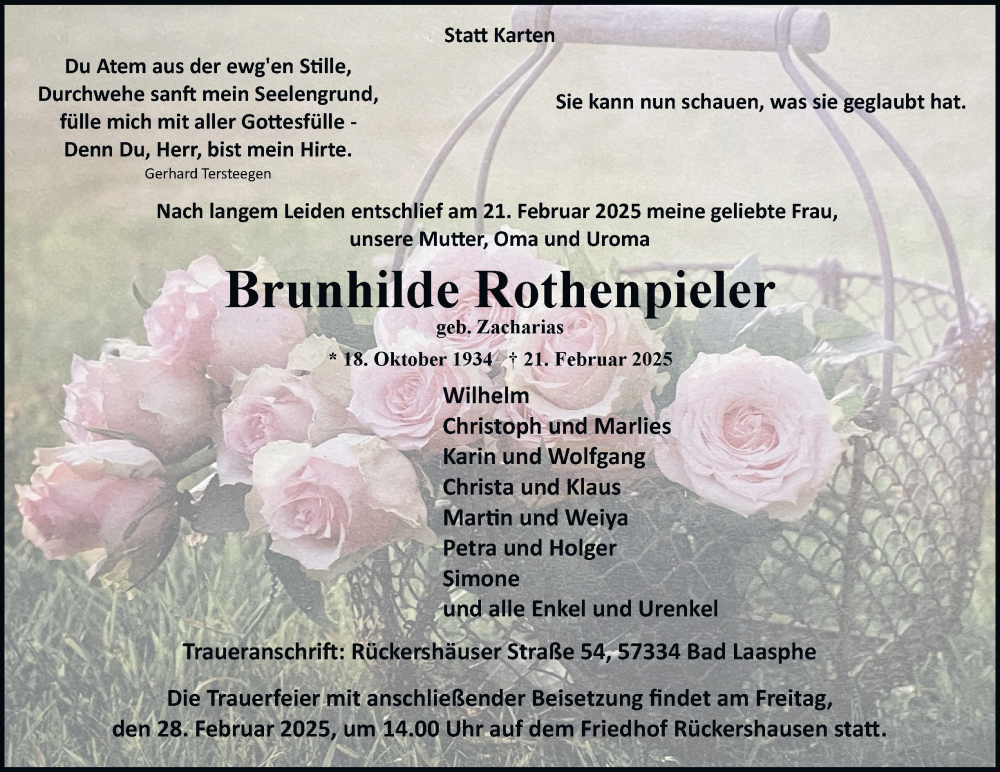  Traueranzeige für Brunhilde Rothenpieler vom 26.02.2025 aus Tageszeitung
