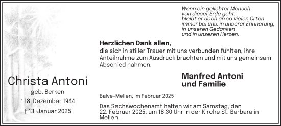 Traueranzeige von Christa Antoni von Tageszeitung