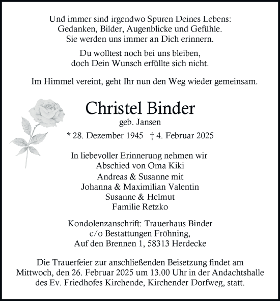 Traueranzeige von Christel Binder von Tageszeitung