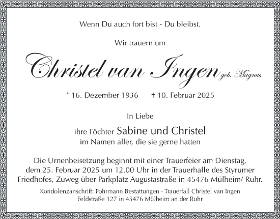Traueranzeige von Christel van Ingen von Tageszeitung
