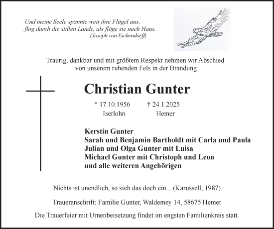 Traueranzeige von Christian Gunter von Tageszeitung