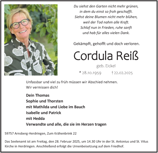 Traueranzeige von Cordula Reiß von Tageszeitung
