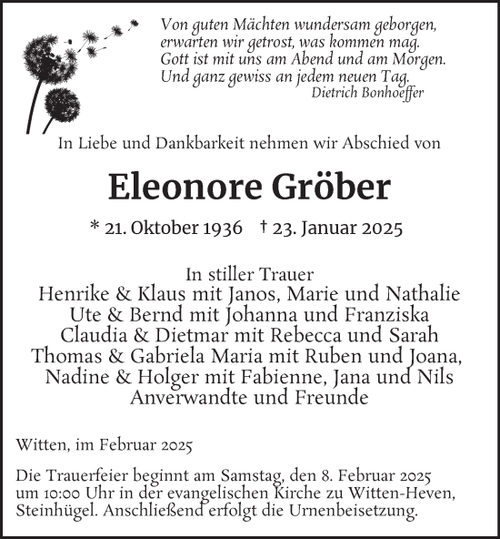 Traueranzeige von Eleonore Gröber von Tageszeitung