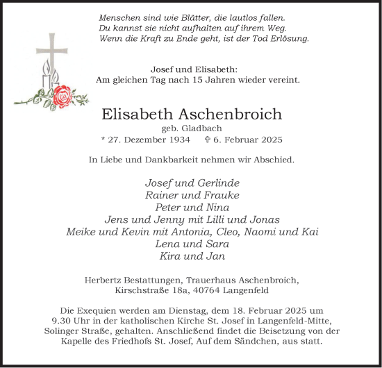 Traueranzeige von Elisabeth Aschenbroich von Tageszeitung