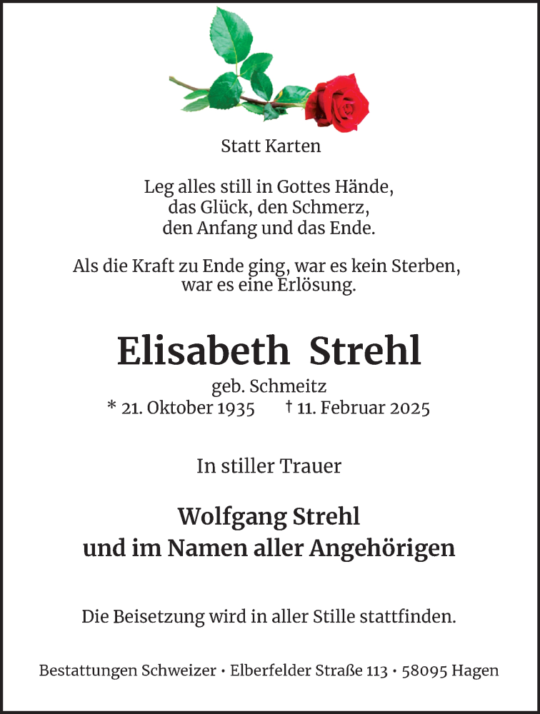  Traueranzeige für Elisabeth Strehl vom 22.02.2025 aus Tageszeitung