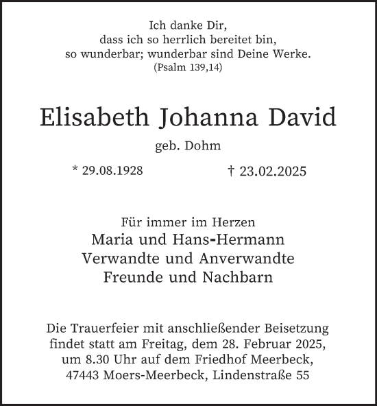 Traueranzeige von Elisabeth Johanna David von Tageszeitung
