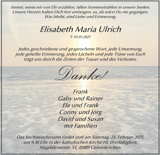Traueranzeige von Elisabeth Maria Ulrich von Tageszeitung