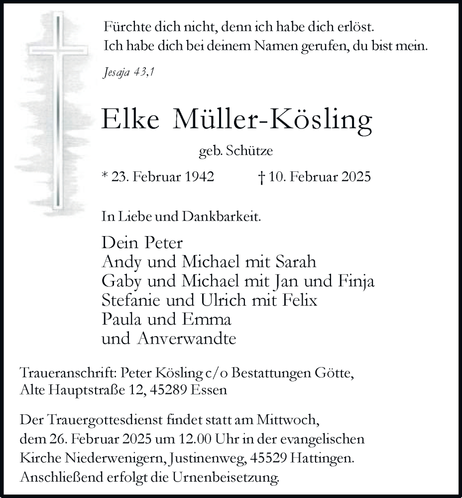  Traueranzeige für Elke Müller-Kösling vom 15.02.2025 aus Tageszeitung