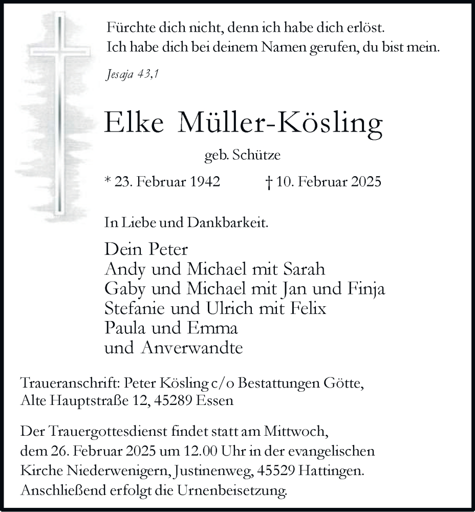  Traueranzeige für Elke Müller-Kösling vom 22.02.2025 aus Tageszeitung
