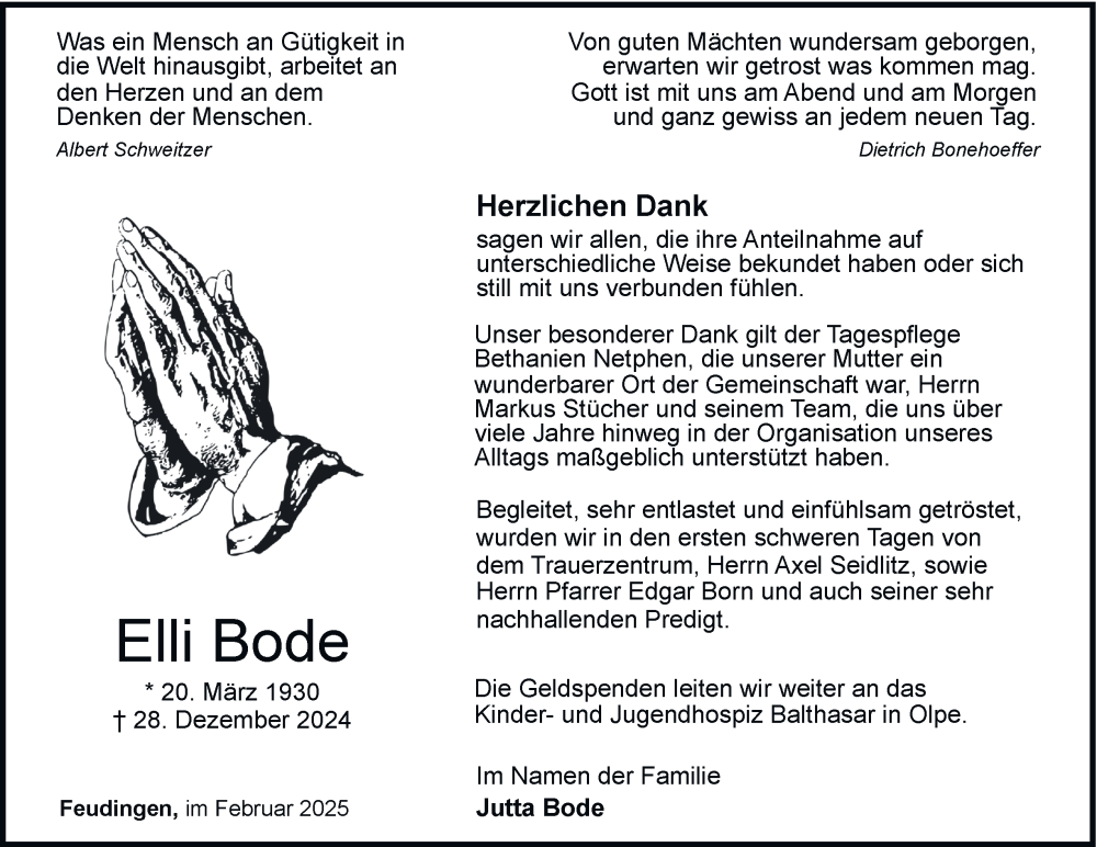  Traueranzeige für Elli Bode vom 15.02.2025 aus Tageszeitung