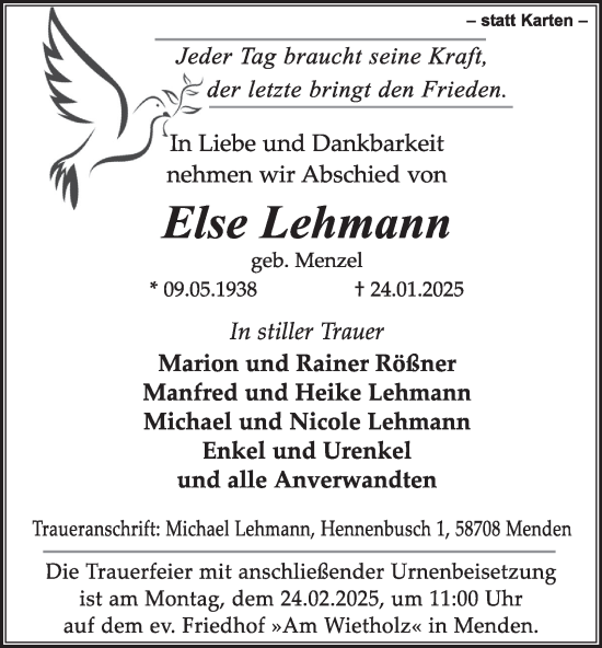 Traueranzeige von Else Lehmann von Tageszeitung