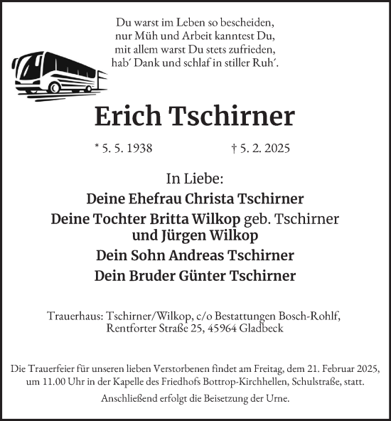Traueranzeige von Erich Tschirner von Tageszeitung