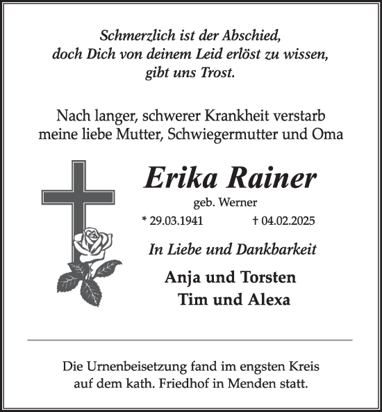 Traueranzeige von Erika Rainer von Tageszeitung