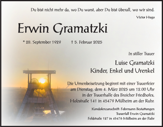 Traueranzeige von Erwin Gramatzki von Tageszeitung