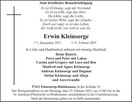 Traueranzeige von Erwin Kleinsorge von Tageszeitung