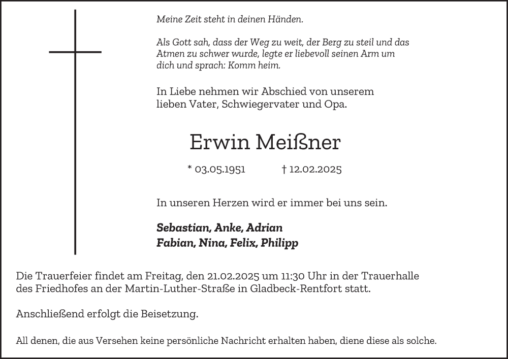  Traueranzeige für Erwin Meißner vom 19.02.2025 aus Tageszeitung