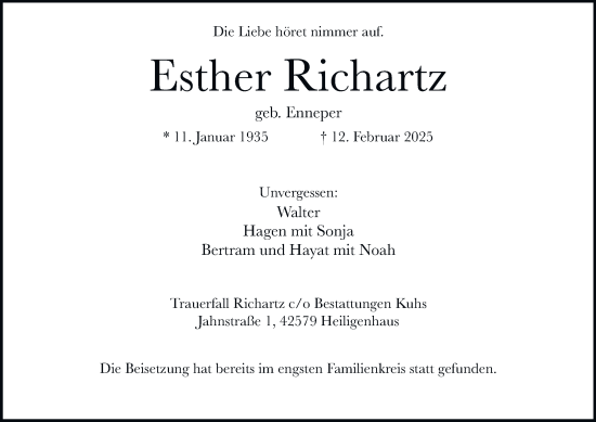 Traueranzeige von Esther Richartz von Tageszeitung