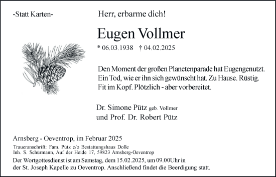 Traueranzeige von Eugen Vollmer von Tageszeitung