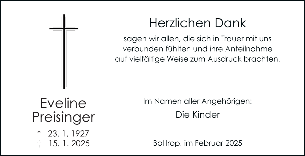  Traueranzeige für Eveline Preisinger vom 22.02.2025 aus Tageszeitung