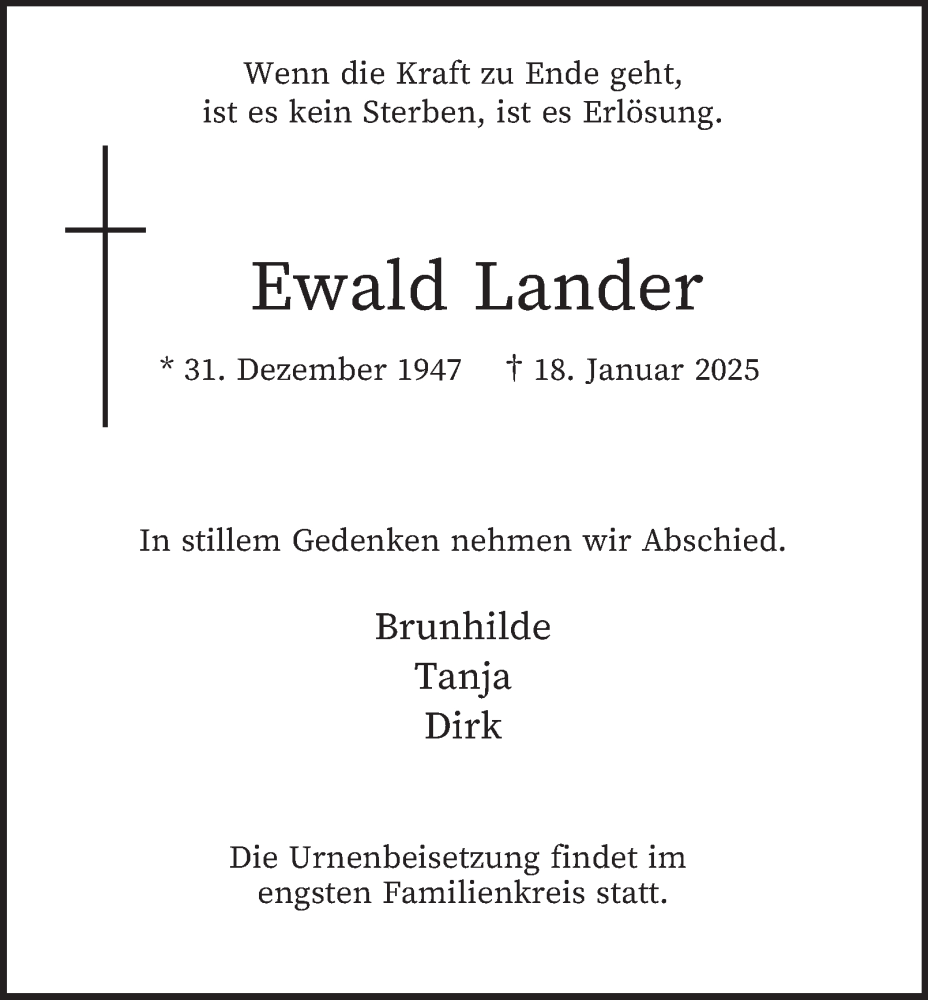  Traueranzeige für Ewald Lander vom 08.02.2025 aus Tageszeitung