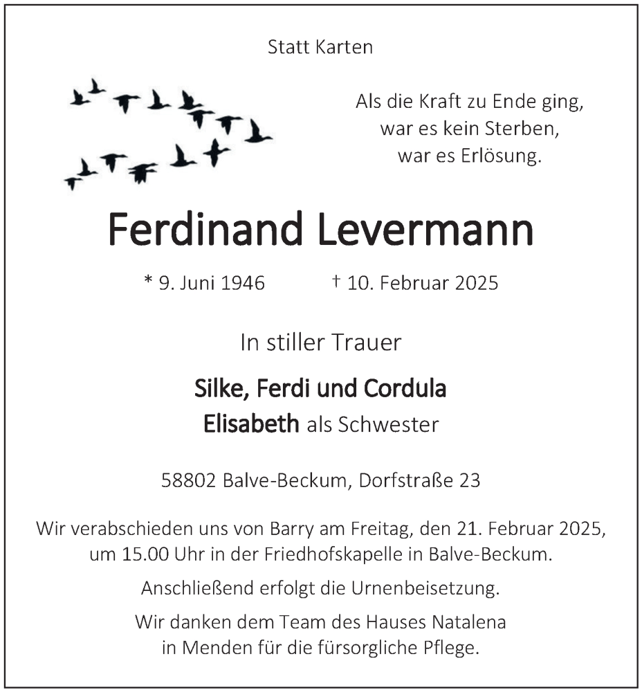  Traueranzeige für Ferdinand Levermann vom 15.02.2025 aus Tageszeitung