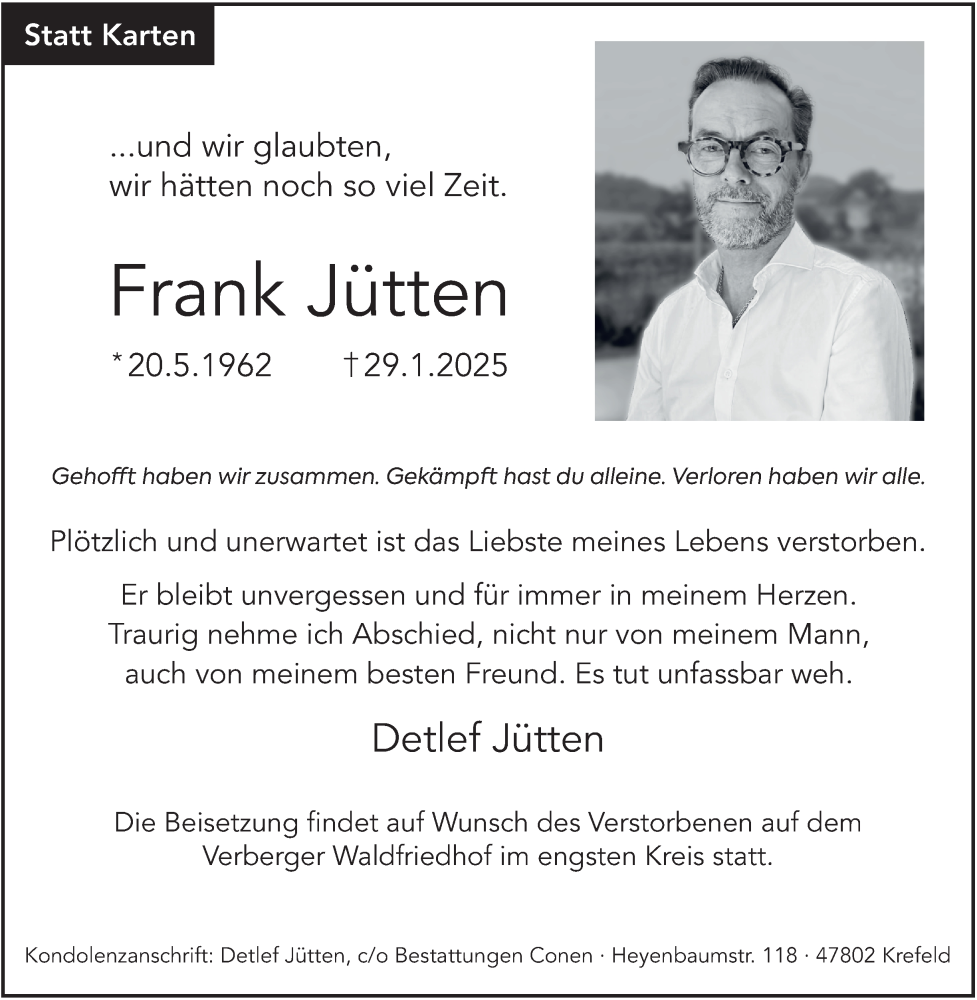  Traueranzeige für Frank Jütten vom 08.02.2025 aus Tageszeitung