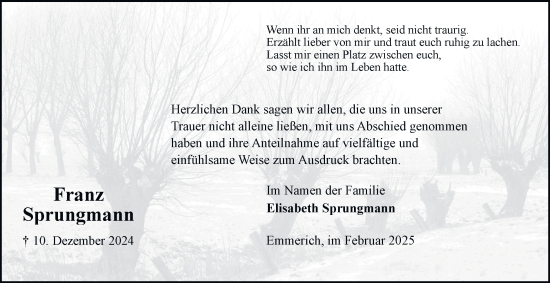 Traueranzeige von Franz Sprungmann von Tageszeitung
