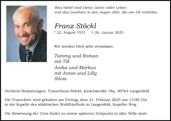 Traueranzeige von Franz Stöckl von Tageszeitung