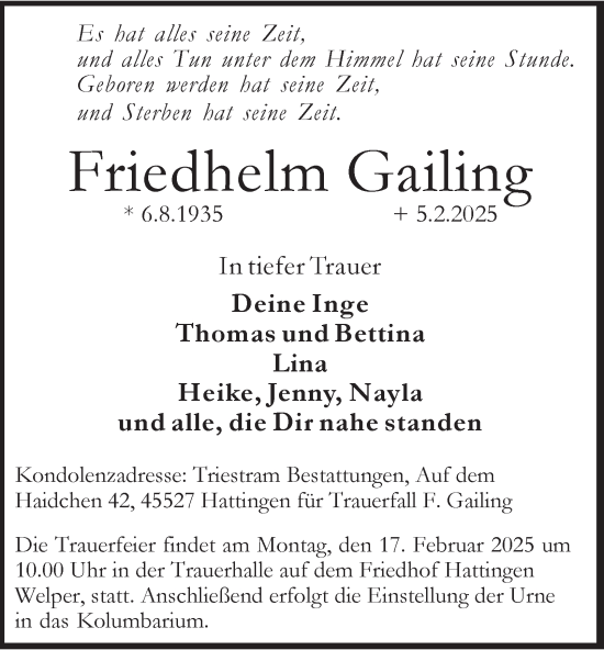 Traueranzeige von Friedhelm Gailing von Tageszeitung
