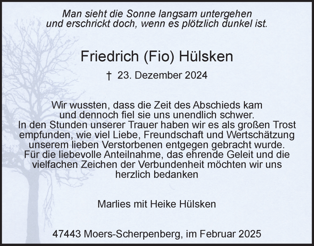  Traueranzeige für Friedrich Hülsken vom 15.02.2025 aus Tageszeitung