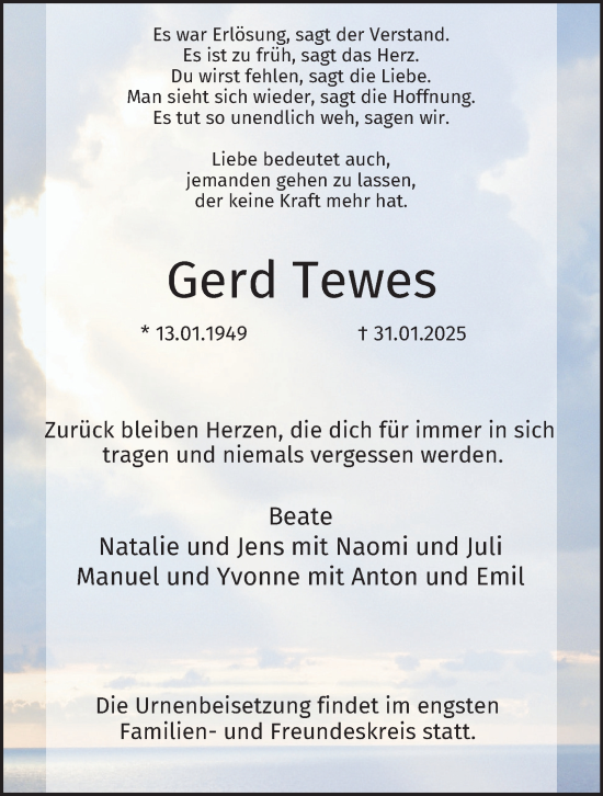 Traueranzeige von Gerd Tewes von Tageszeitung