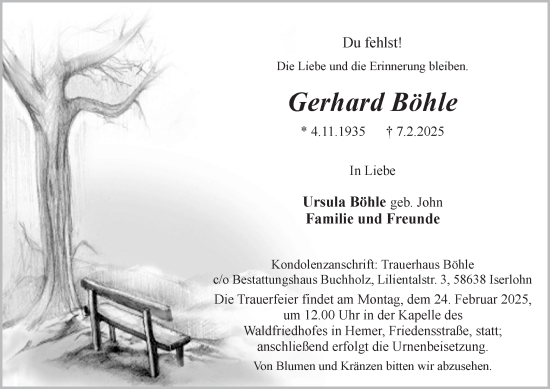 Traueranzeige von Gerhard Böhle von Tageszeitung