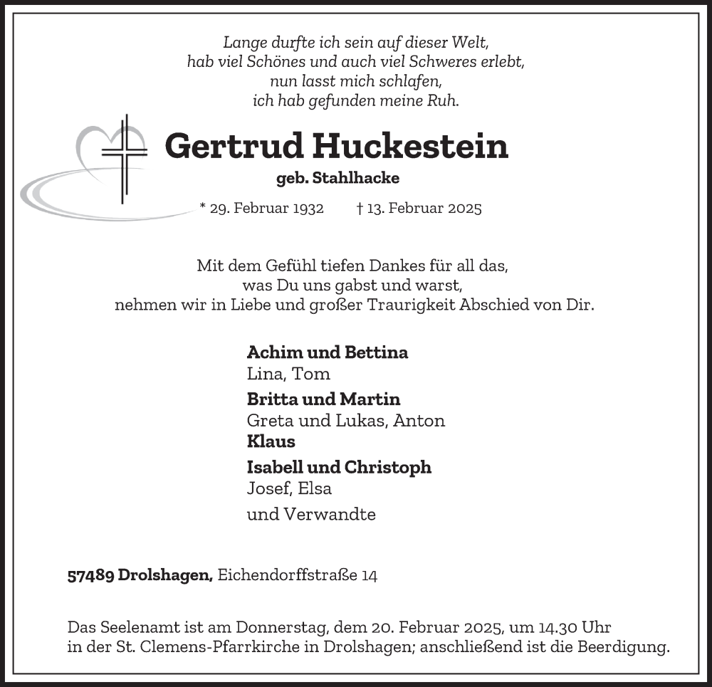  Traueranzeige für Gertrud Huckestein vom 19.02.2025 aus Tageszeitung