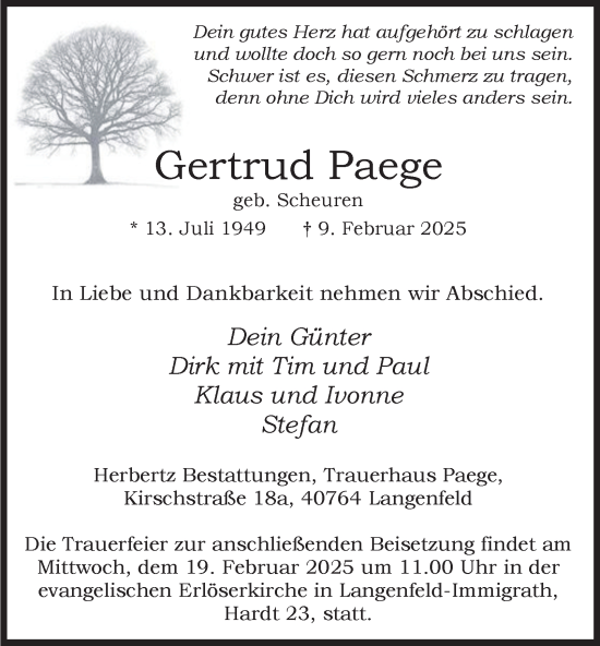 Traueranzeige von Gertrud Paege von Tageszeitung