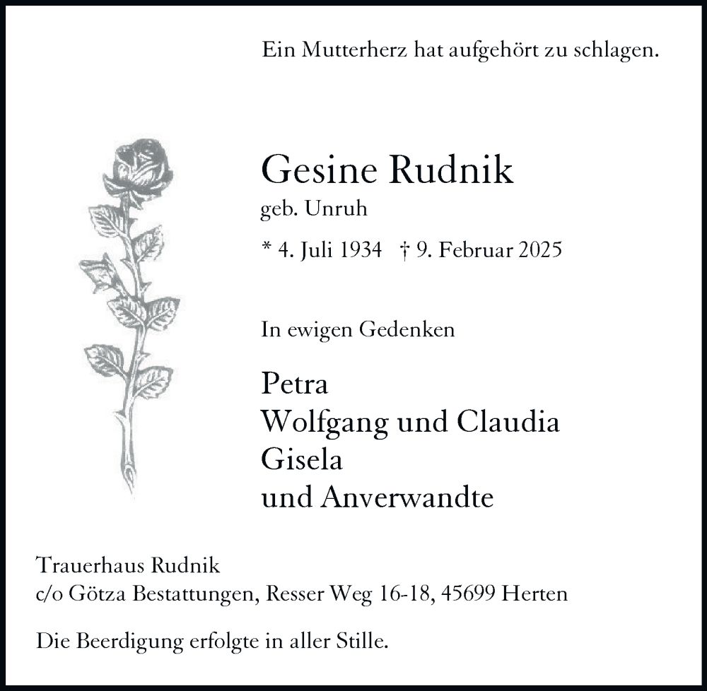  Traueranzeige für Gesine Rudnik vom 22.02.2025 aus Tageszeitung