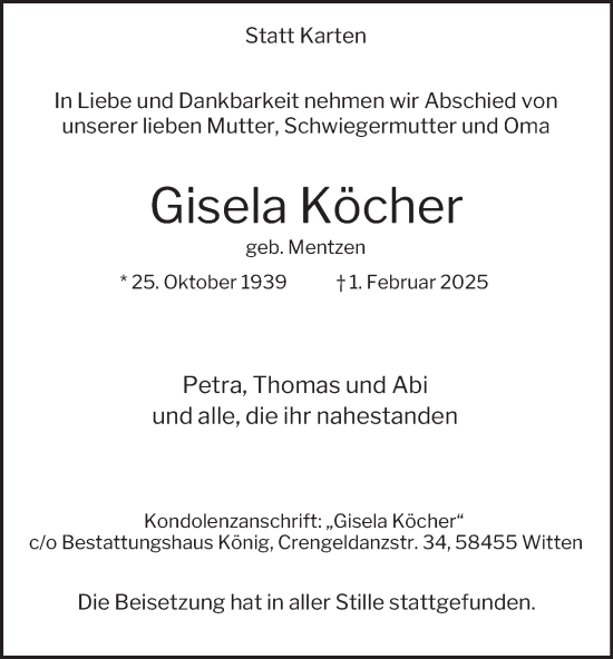 Traueranzeige von Gisela Köcher von Tageszeitung