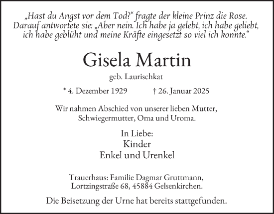 Traueranzeige von Gisela Martin von Tageszeitung