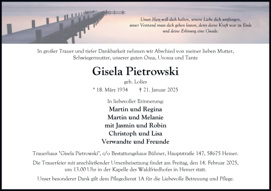 Traueranzeige von Gisela Pietrowski von Tageszeitung