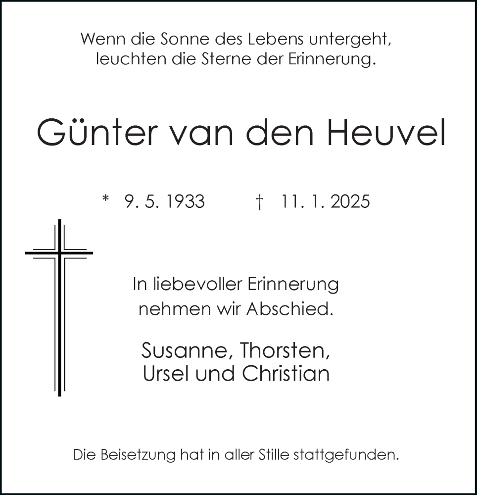  Traueranzeige für Günter van den Heuvel vom 08.02.2025 aus Tageszeitung