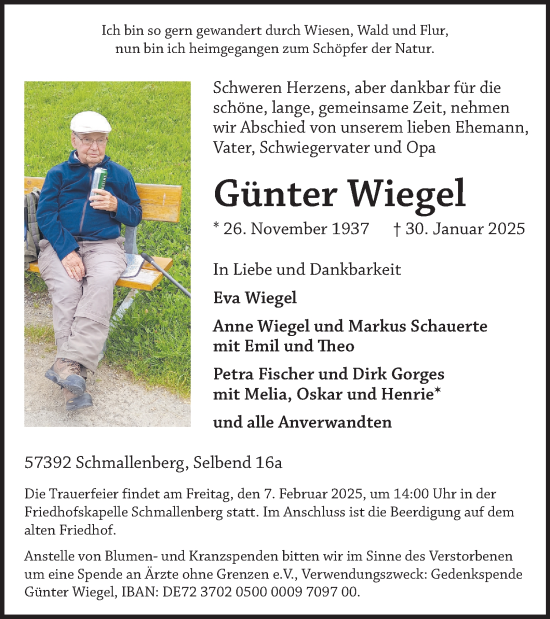 Traueranzeige von Günter Wiegel von Tageszeitung