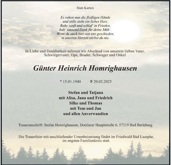 Traueranzeige von Günter Heinrich Homrighausen von Tageszeitung