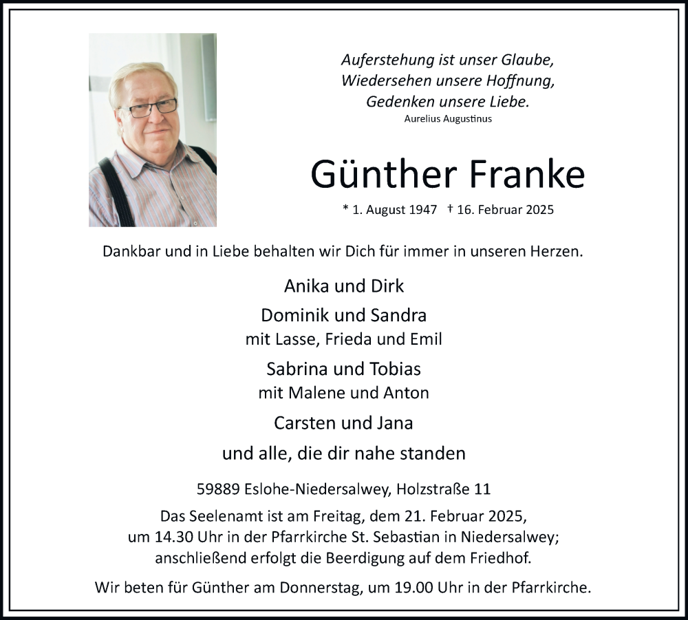  Traueranzeige für Günther Franke vom 19.02.2025 aus Tageszeitung