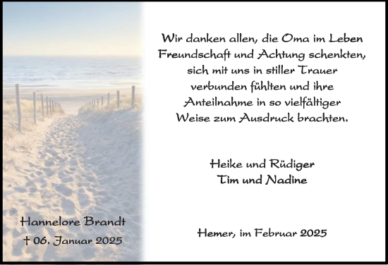 Traueranzeige von Hannelore Brandt von Tageszeitung