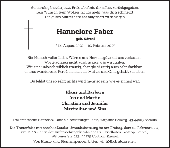 Traueranzeige von Hannelore Faber von Tageszeitung
