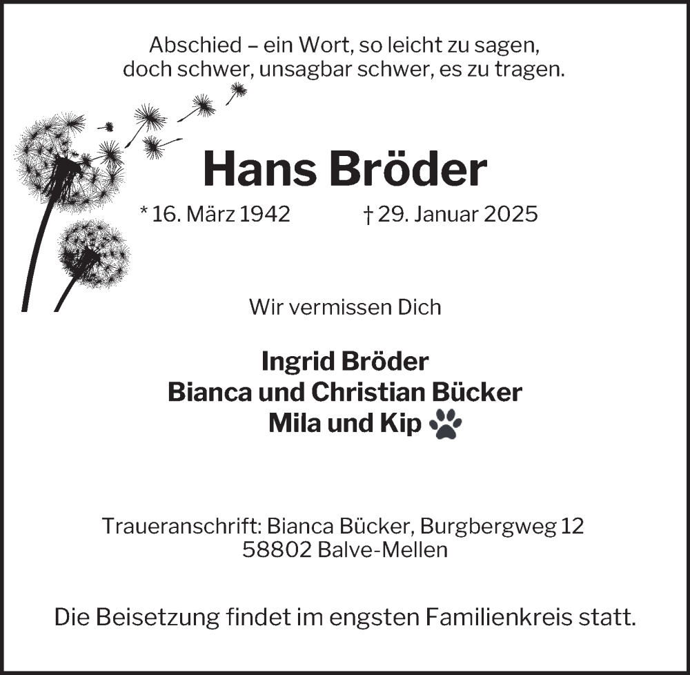  Traueranzeige für Hans Bröder vom 08.02.2025 aus Tageszeitung