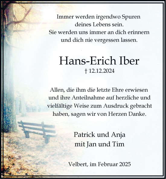 Traueranzeige von Hans-Erich Iber von Tageszeitung