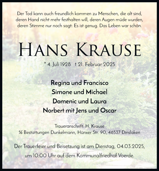 Traueranzeige von Hans Krause von Tageszeitung