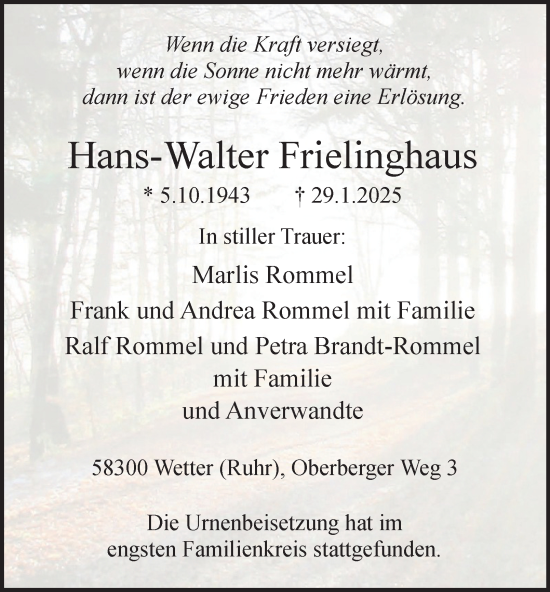 Traueranzeige von Hans-Walter Frielinghaus von Tageszeitung